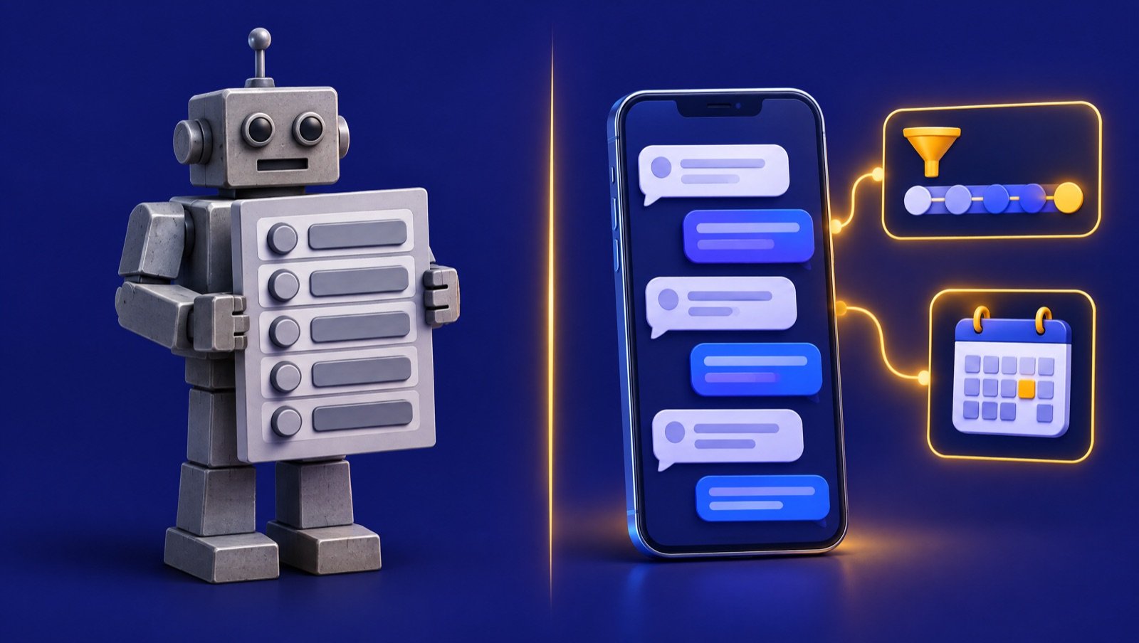 Un robot rígido con menú frente a un celular con conversación inteligente