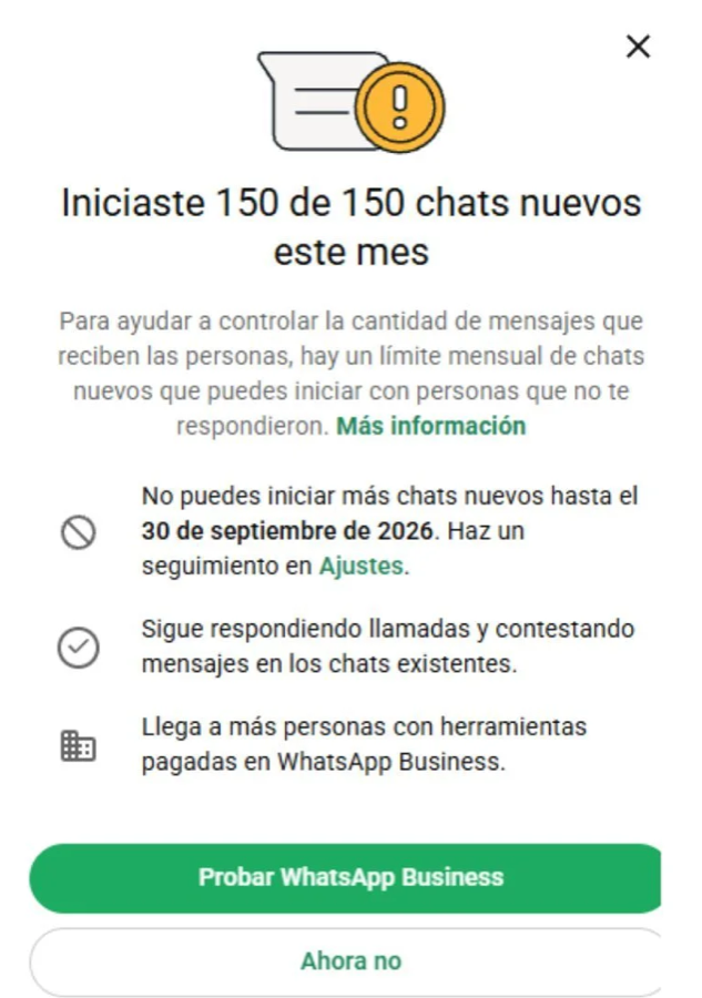 Aviso de WhatsApp: iniciaste 150 de 150 chats nuevos este mes